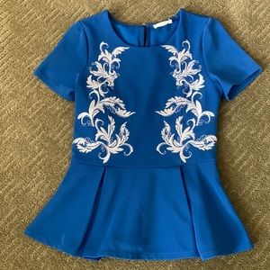 Bright Blue Peplum top with white stitched detailing, size S